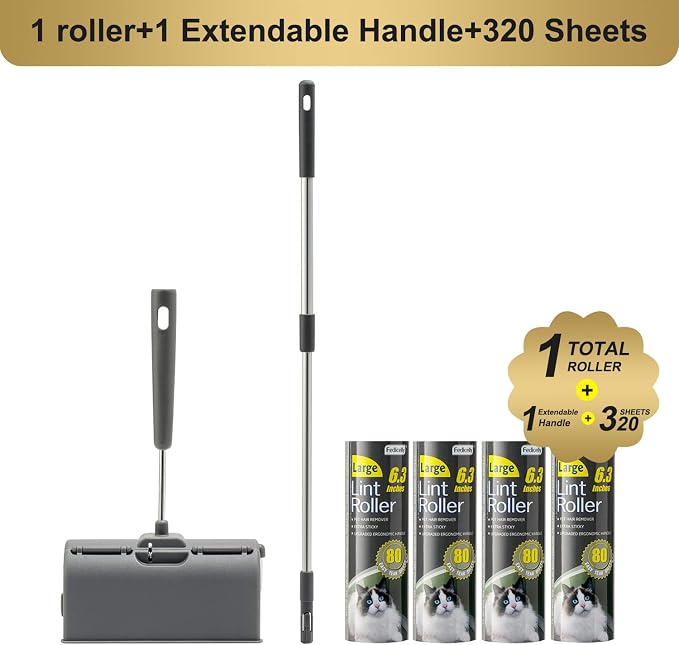 Fedicelly Large Lint Rollers Pet Hair Extra Sticky Floor, Cat Dog Hair Remover Laundry Clothes Carpet Furniture,6.3 inches Wider with 320 Sheets Giant Lint Remover Brush for Couch with Long Handle