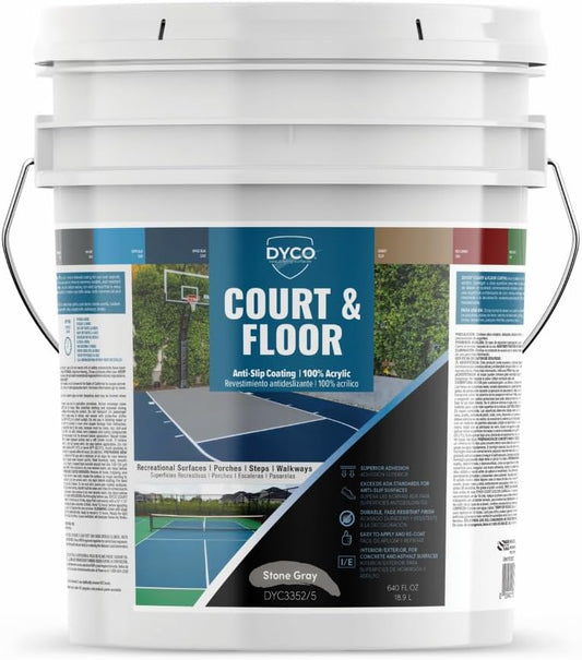DYCO Court & Floor Anti-Slip Coating - Slip-Resistant Pavement, Cement & Concrete Paint for Pickleball, Tennis & Basketball Courts, Exceeds ADA Standards for Safety Areas (Stone Gray, 5 Gallons)