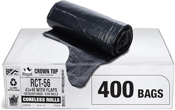 Aluf Plastics RCT-56 Star Sealed Coreless Rolls with E-Z Tie Flap Closure, 56 gal, Polyethylene, 43" x 46", Black (Pack of 400)