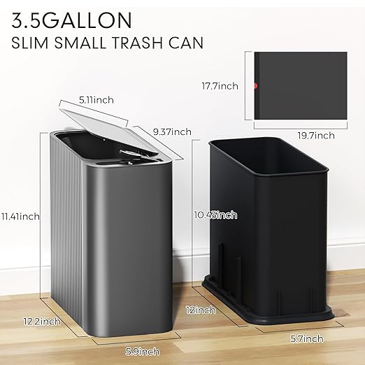 Bathroom Trash Can with Lid 13 Liter/ 3.5 Gallon Dark Gray Trash Can with Pop-Up Lid Bedroom Trash Can Small Garbage Can with 150 Counts Trash Bags for Small Bathroom Bedroom Office