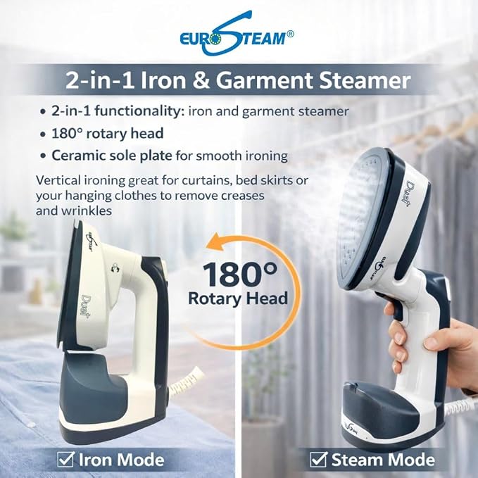 Eurosteam Duet 2-in-1 Iron & Garment Steamer with 180° Rotary Head | 1000W 2-in-1 iron and garment steamer. Features patented 180° rotating head, ceramic soleplate & removable tank.