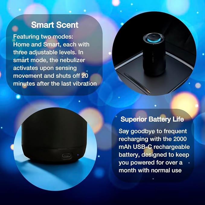 Smart Scent Diffuser – 2-in-1 for Car & Home, Waterless Essential Oil Air Freshener, Auto-On/Off Vibration Sensor, Quiet, USB-C Rechargeable, 2000mAh Battery
