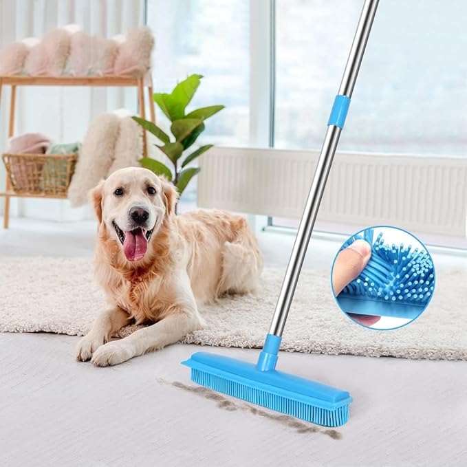 Landhope Fur Remover Broom, Rubber Broom with Squeegee Long Handle, 50 inches Sweeping Rug Brush Clean Carpet Windows Wooden Floor Sofa Bathroom Rugs Car Floor No Scratch