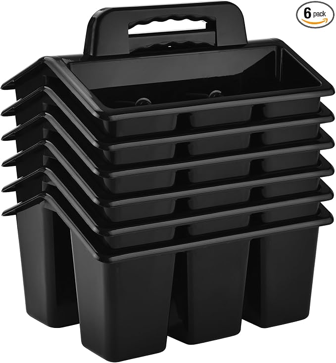ALINK Classroom Caddy Storage Basket with Handle, 6 Pack Plastic Arts Office Crafts Caddy 4 Compartments for Kids, Pencil, Crayon, Marker, School Supplies - Black