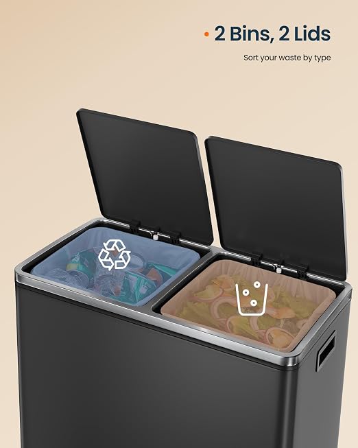 SONGMICS HOME Trash Can with 2 Compartments for Kitchen, Garbage Can with 15 Trash Bags, Black