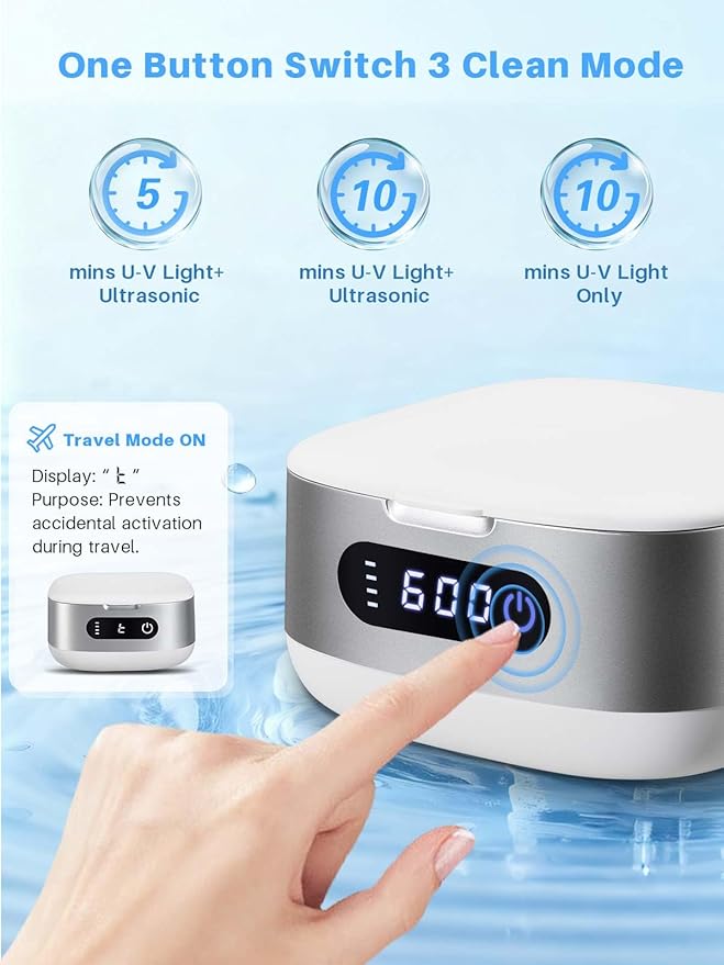 Voraiya Portable Ultrasonic Retainer Cleaner 4000mAh Rechargeable IPX6 Waterproof Retainer Cleaner Machine For Mouth Guard,Night Guard,Aligner,Small Denture Cleaning Pod For Teenagers,Adults,Travel