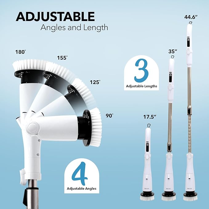Barumi Electric Spin Scrubber – 3 Spin Modes, LED Control Panel, Adjustable Head Angles, Full Extension, Perfect for Bathroom, Kitchen, Tub, Floor & Cars – 8 Replaceable Brushes with Microfiber Pad