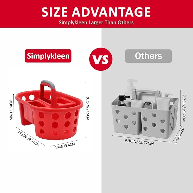 SIMPLYKLEEN Large Shower Caddy Portable 2PC - Made in USA Plastic Jumbo Size Dorm Storage Candy Tote with Handle Shower Organizer for Bathroom, Pantry, Kitchen, College Dorm, Red