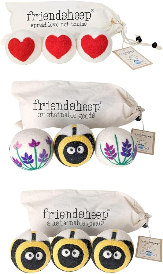 Wool Dryer Ball Bundle Lavender Fields Bee Flower + Honey Bee + Red Heart by Friendsheep