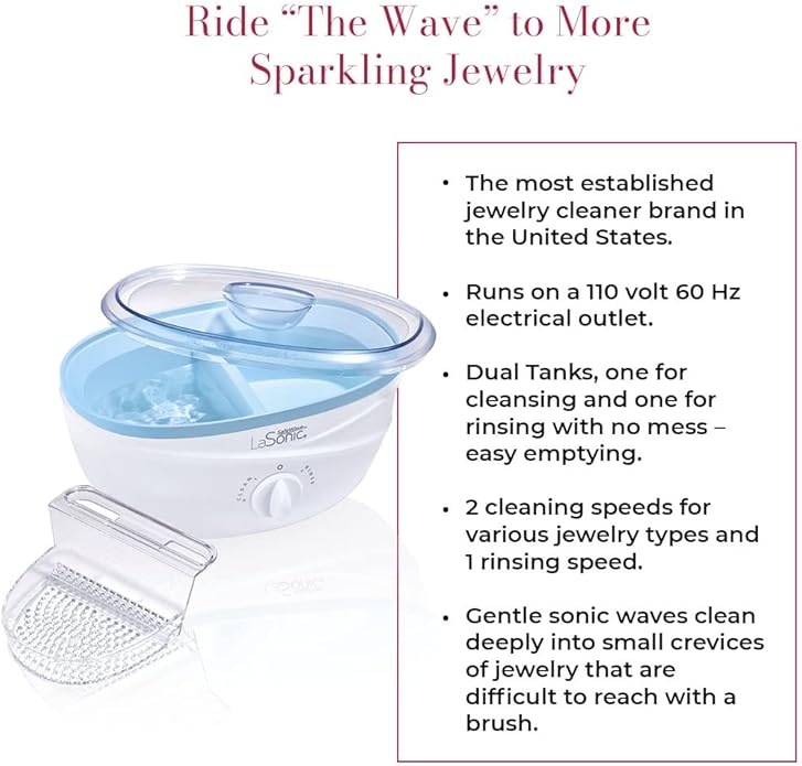 CONNOISSEURS LaSonic SafeWave Sonic Jewelry Cleaner Machine - Gently Cleans and Rinses - Features Dual Tanks, Two Cleaning Speeds, and Removable Lid