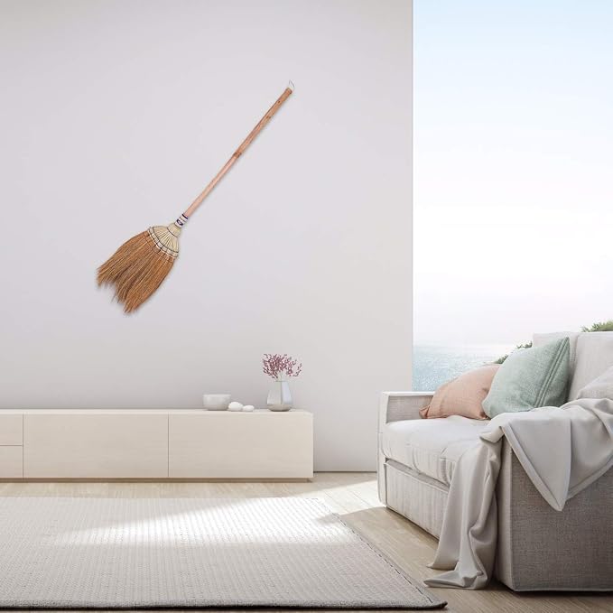 Asian Natural Grass Handmade Broom 38-40 inch Vintage Retro Style Housewarming Gift, Witch Broom, Thai Broom, Broomstick Bamboo Stick Handle, Kong Grass Broom, Durable Broom for Indoor & Outdoor