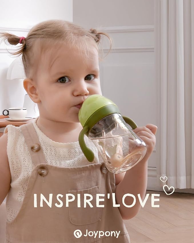 Joypony Baby Sippy Cups 6-12 Months, Spill Proof Weighted Straw Cup with Handle for Toddlers 1-3, 2 Silicone Straws, PPSU, BPA Free, 6 oz (Green)