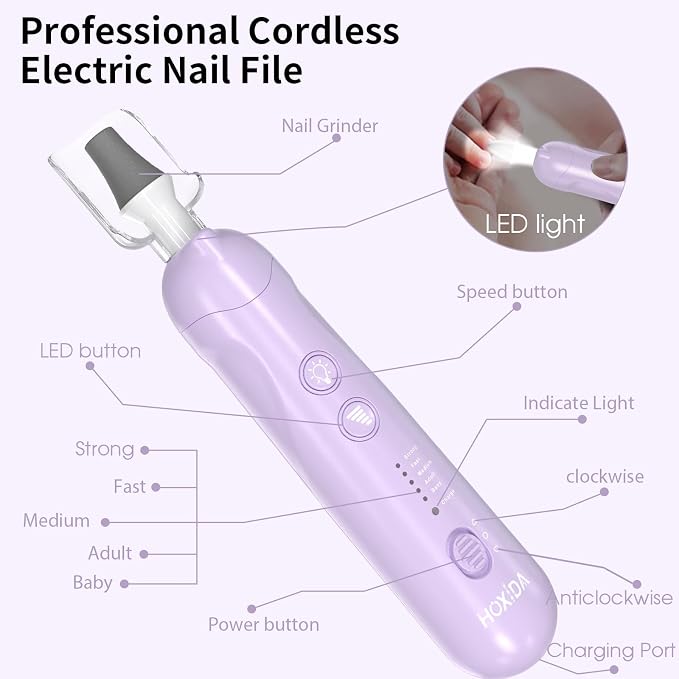Manicure Pedicure Kit with Case, Professional Nail Grinder for Senior Thick Toenail, Cordless Electric Nail File, 5 Speeds Pedicure Tools for feet Callus Remover (Purple)
