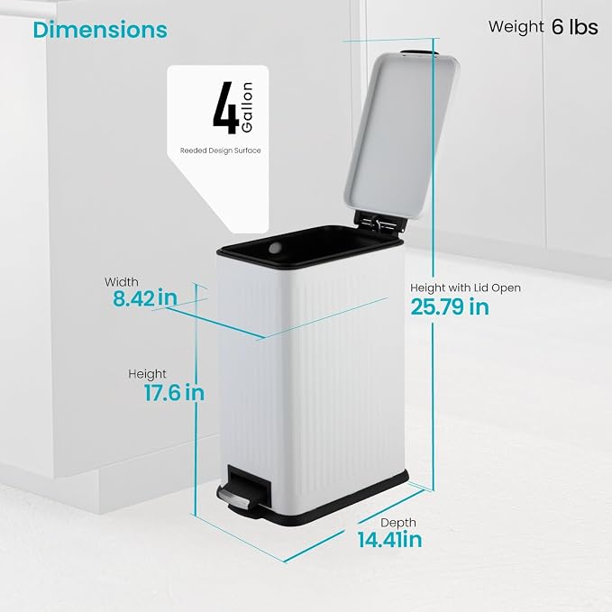 Home Zone Living 4 Gallon Kitchen Trash Can with Slim Fit Design | Stainless Steel with Soft-Close Step Pedal Lid, Bag Tuck Band for Easier Bag Changes, Rectangular Shape, Reeded Style, White