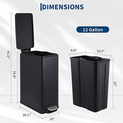 Garvee Slim Trash Can with Lid, 12 Gal (45 L) Stainless Steel Kitchen Garbage Can with Inner Bucket and Step On Foot Pedal, Narrow Metal Trash Bin, Black