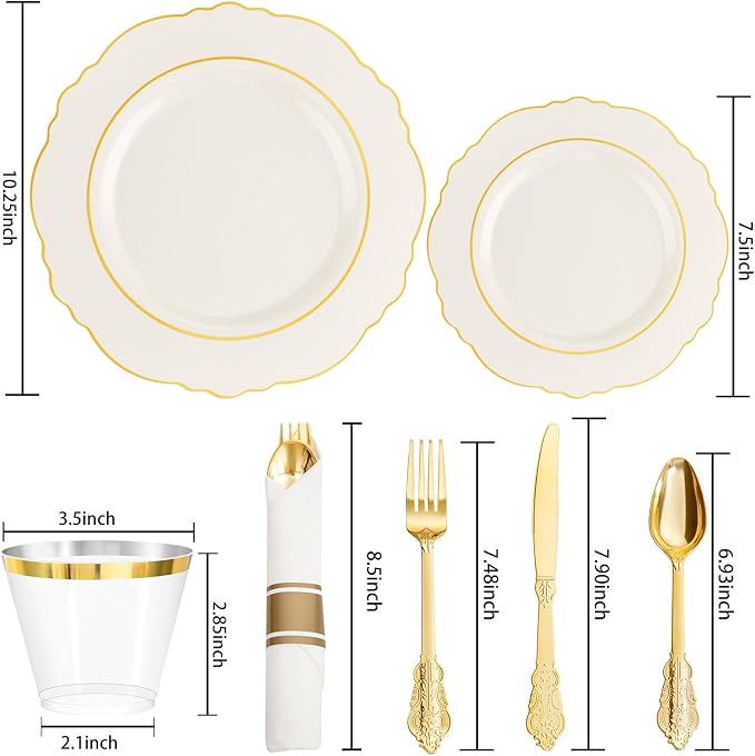 Liacere 350PCS Ivory Plastic Plates-Cream Disposable Plates With Gold Rim-50Guest Baroque Plastic Dinnerware include 100 Plates - 50 Pack Pre Rolled Napkins Silverware 50Cups for Wedding＆Party