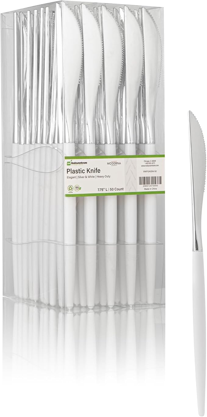 Restaurantware-Moderna 7.75 Inch Fancy Flatware, 50 Durable Plastic Flatware - With White Handle For Grip, Heavy-duty, Silver Plastic Knives, Serrated Edges Or Restaurants
