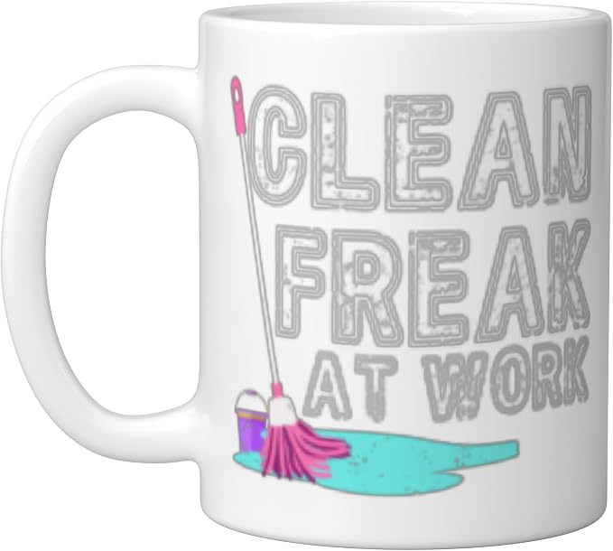 Clean Freak at Work Cleaning Ceramic Mug, White