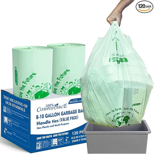 BEIDOU-PAC 8-10 Gallon Compostable Trash Bags, 120 Count, Compost Bags Kitchen Trash Bags with Handle, Sturdy Biodegradable Garbage Bags Food Scrap Waste Bags, ASTM D6400, US BPI Certified