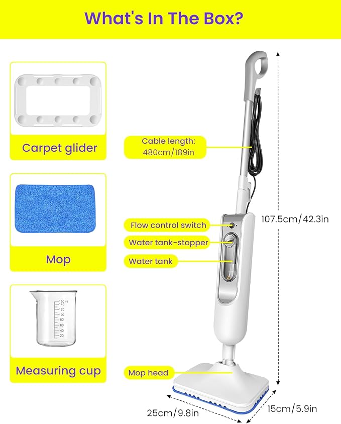Steam Mop for Floor Cleaning, Effortless Ergonomic Design Floor Steamer for Hardwood and Tile, Adjustable Steam Modes, 1500W High Power, 16.4ft Cord, 400Ml XL Tank, 2 Washable Pad (1) (1)