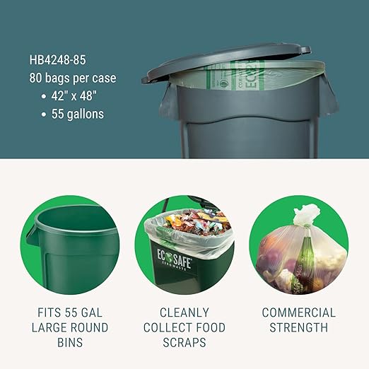 EcoSafe-6400 HB4248-85 Certified Compostable Bag - 42x48” Green Bags for 55 Gallon Bin - Extra Strong Leak, Puncture and Tear Resistant Food Scraps Bin Liners, Pack of 80