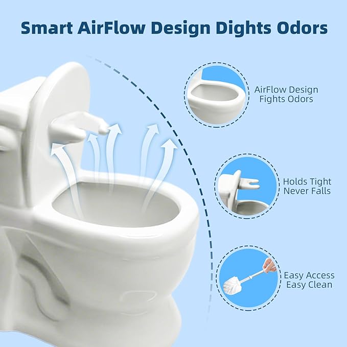 Novelty Toilet Brush Holder, Mini Toilet Shaped Ceramic Bathroom Decor with Self-Draining Base & Brush - Unique Funny Gift for Home, Office Desk Organizer (White)