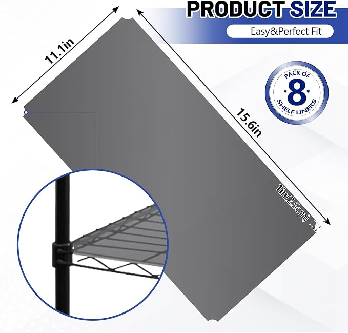 Sliner 8 Pack 11.8 x 16.6 Inch Wire Shelf Liner Gray Plastic Waterproof Liners for Organizing Metal Rack Shelves, Kitchen Cabinets, Cupboard, Pantry
