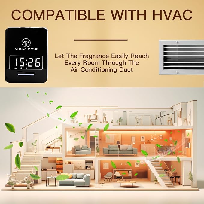 Smart HVAC Scent Machine, Covers 3000 Sq.Ft, Oil Level Monitoring | 300ML Waterless Essential Oil Diffuser, Cold Air Tech, Built-in Clock, for Home, Hotel, Office, Shopping Mall