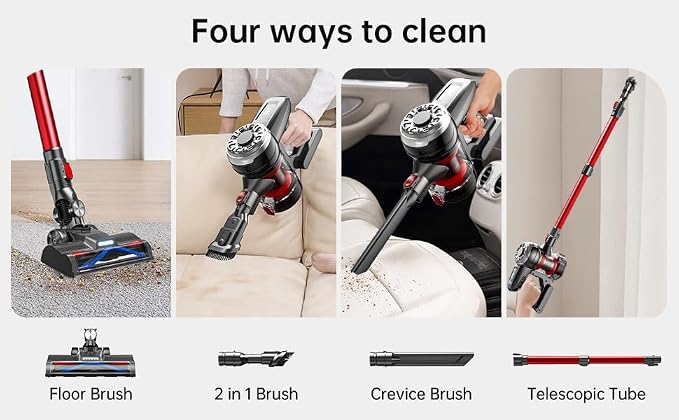 Cordless Vacuum Cleaner for Home, Red, 45 Min Runtime, LED Headlights, 2-Speed, Telescopic Tube, Powerful Suction, Rechargeable, Lightweight & Versatile Household Essentials Stick Vacuum Cordless