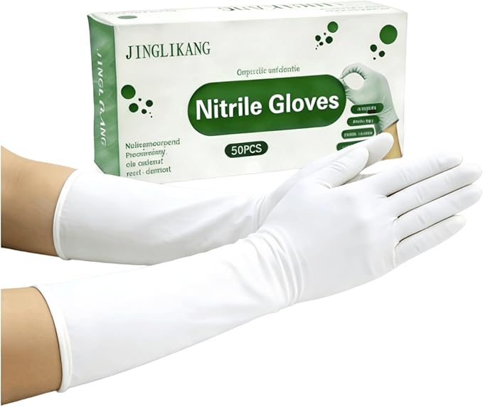 16 inch Nitrile Disposable Gloves Long Sleeved Blue 6Mil Durable Waterproof Latex Free Cleaning Dishwashing 50PCS