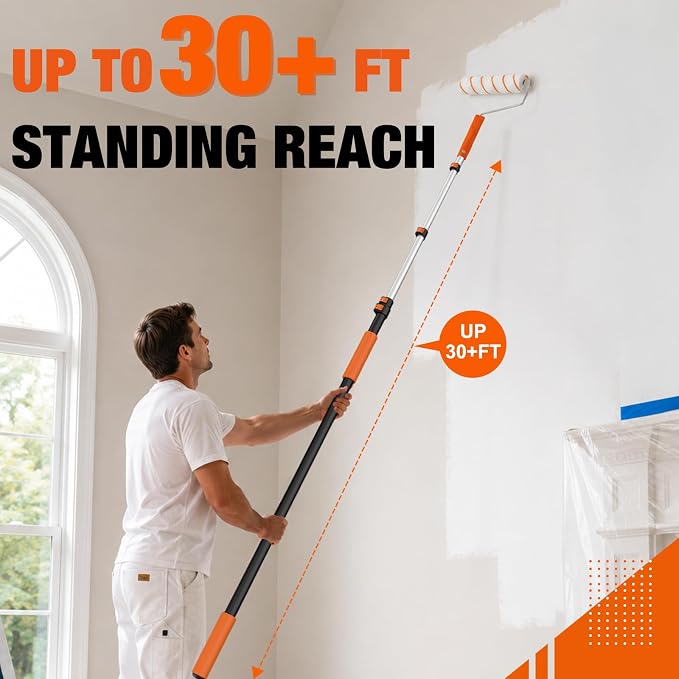 LAANPOLE Telescoping Pole, 7-30FT Aluminum Extension Pole(36FT Reach), Multi-Purpose Paint Roller for Painting, Dusting and Cleaning