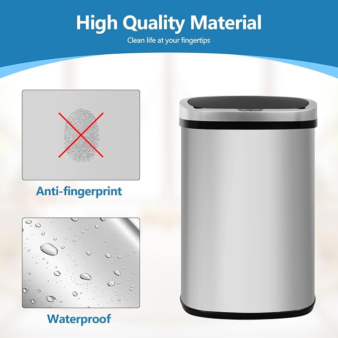 Furniture of America Verbena 13 Gallon Metal Household Trash Can Motion Sensor Lid for Kitchen, Silver
