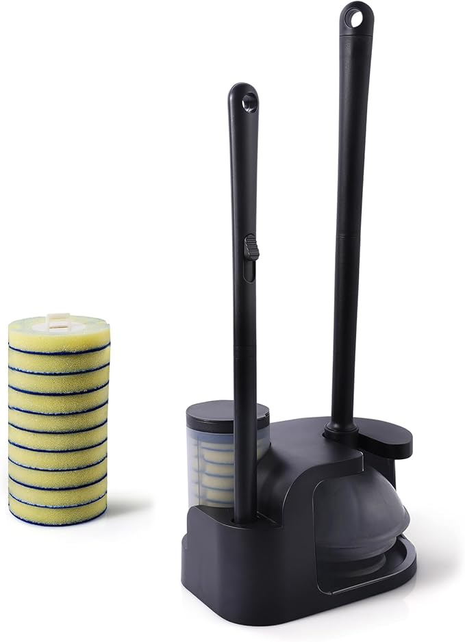 Eyliden Toilet Brush and Plunger Combo Set | 2-in-1 Disposable Toilet Bowl Wand Kit with 10 Refill Heads, Toilet Plunger, Compact Storage Holder | Bathroom Cleaning System for Home, Black
