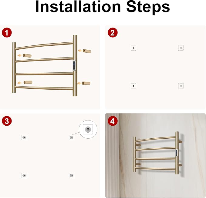 Towel Warmer Bathroom Wall Mounted Drying Rack Plug-in Electric Heated Towel Rack Stainless Steel Gold with Timer & Temperature Control 4 Bar