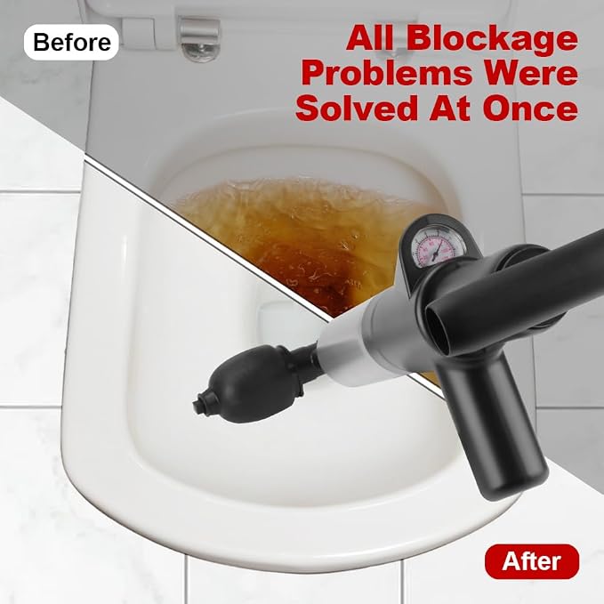 High Pressure Toilet Plunger, 60CM Long Handle Air Drain Blaster with Barometer, 0.4Mpa Powerful Unclogger for Toilet Sink Shower Floor Drain, Splash-Proof Heavy Duty Plumbing Tool (Black)