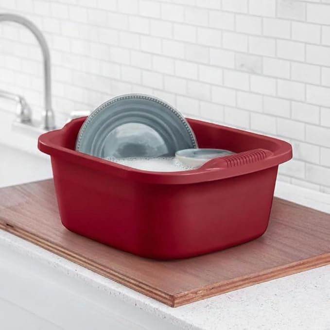 2 Pack Plastic Wash Tub Dishpan Basin and Foot Bath for Soaking Feet, Laundry Hand Wash Bucket, Dish Pans for Washing and Storage Cleaning Supplies - 12 Quarts - Heavy Duty - Red