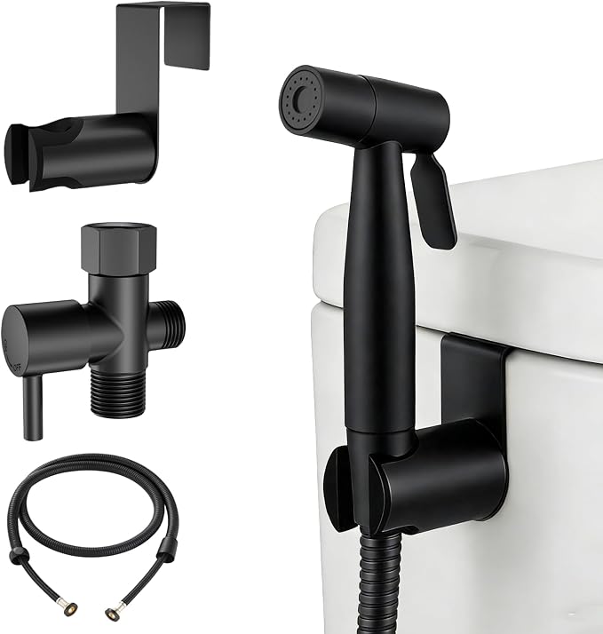Matte Black Handheld Bidet Sprayer for Toilet, Solid Brass T-Valve & Stainless Steel Hose, Adjustable Pressure Cloth Diaper Sprayer Kit for Modern Bathroom (Easy Install)
