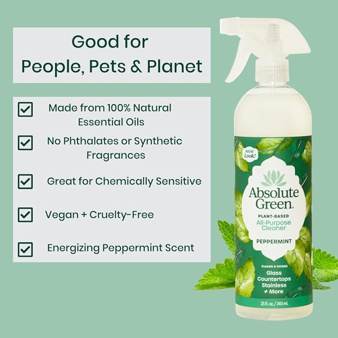 Absolute Green All Purpose Cleaner Spray, Non-Toxic, Kitchen, Bath, Countertop, Stainless, Safe around Kids + Pets, Natural Peppermint Scent, 25 oz (2 Pack)