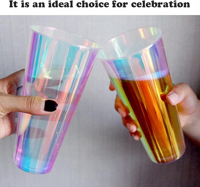 18 Pcs Iridescent Clear Plastic Cups 23oz Fancy Thick Neon Disposable Drinking Cups Cute Glitter Holographic Hard Plastic Cup for Party Decoration (Clear)