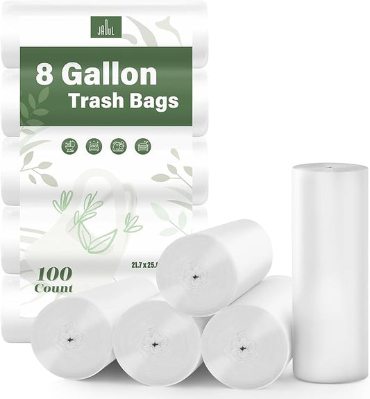 Jaoul 8 Gallon Trash Bags Medium, 0.97 Mil Thicken Trash Bags 8 Gallon for 30 Liter Trash Can for KitchenvHome Office Car, White, 100 Counts