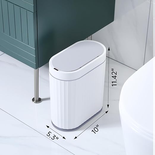 ELPHECO Bathroom Trash can Motion Sensor, AutomaticGarbage can, Slim Plastic Smart Trash Bin with Lid, Commercial Intelligent Wastebaskets for Bedroom, Bathroom, Office, White Grey
