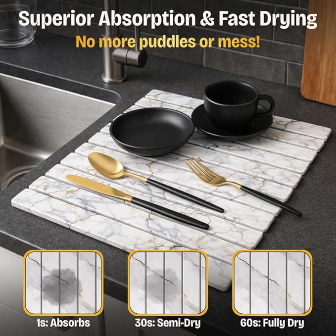 Large Stone Dish Drying Mat for Kitchen Counter, Foldable 24"×16" Diatomaceous Earth Mat, Super Absorbent Marble Stone Drying Pad for Dishes, Cups, Bottles (White Marble)