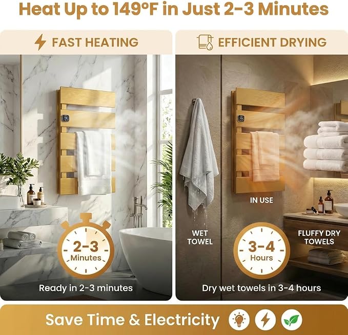 L Series Electric Towel Warmer for Bathroom, 5 Panel, Gold | Thermo Control and Timer, Fast Heat in 3 Mins, Dry Towels in 4 hrs, Memory Function, Work with Smart Plug, Left-Wiring