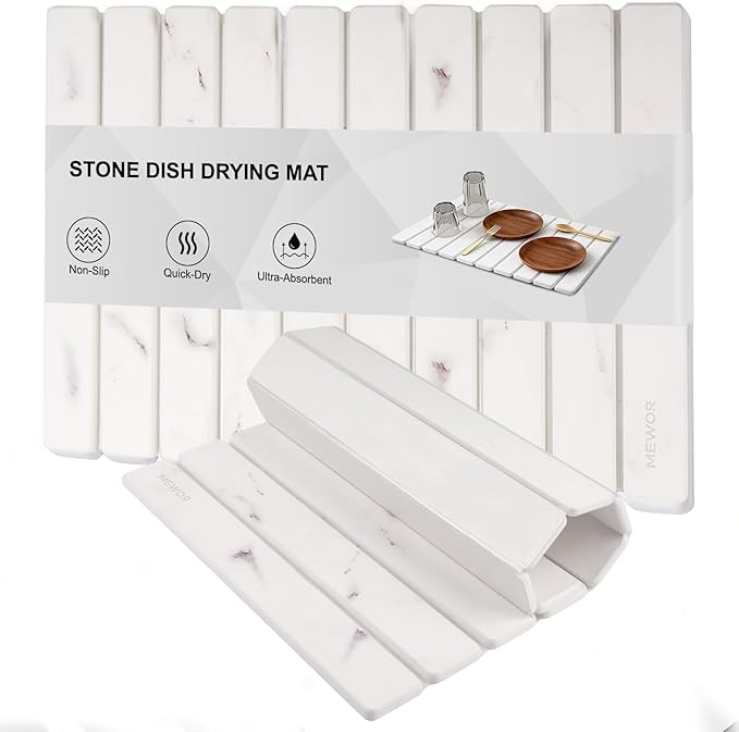 Stone Drying Mat for Kitchen Counter, 24"(L)×16"(W), Collapsible Quick Dry Stone Dishes Mats, Absorbent Diatomaceous Earth Mats for Kitchen, Bathroom