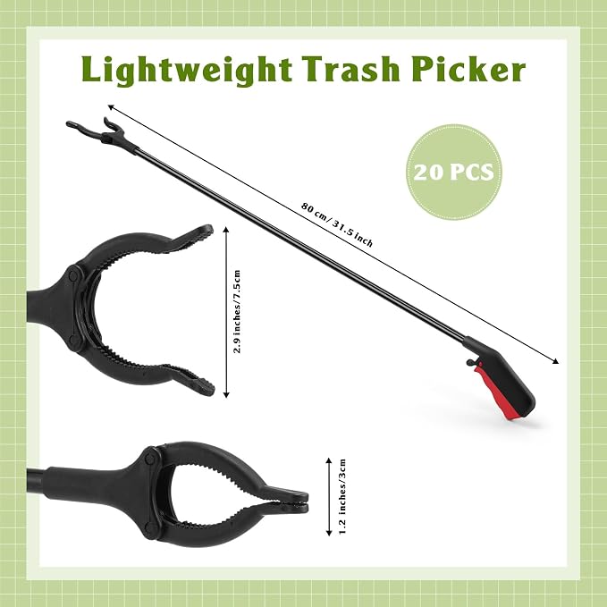 Norme 20 Pcs Grabber Reacher Tool Bulk, 31.5" Long Handle Trash Picker for Elderly Assist, Lightweight Handy Aid Nonslip Claw Grabber for Arm Extension 360 Rotating Pickup Stick Outdoor Cleanup Tool