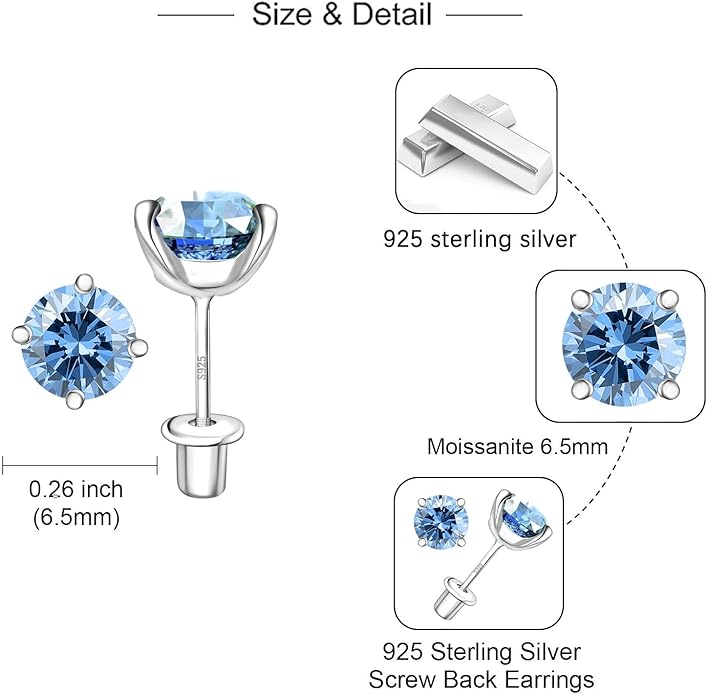 Moissanite Screw Back Earrings Studs - 0.2CT-4CT Moissanite Earrings for Women 925 Sterling Silver Piercing Real Colorful Moissan Hypoallergenic Jewelry Ear Stud Gifts