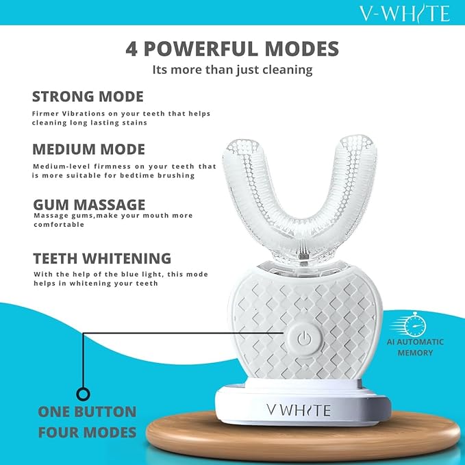 V-WHITE Adults Auto Brush Ultrasonic U-Shaped Toothbrush – 360° Teeth Cleaning, Hands-Free Electric Autobrush – Gum Protection, Waterproof IPX7, Wireless Charging