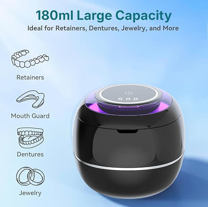 Ultrasonic Retainer Cleaner Machine – 42kHz Premium Quality Dental Cleaner for Dentures, Retainers, Jewelry, and More – 180ML Tank, Dual Modes, Digital Timer, Portable (Black)