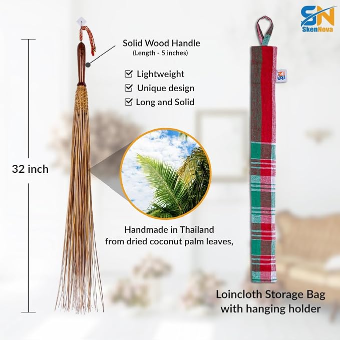 1 Piece of 32 inch Multi-Surface Sturdy Outdoor Authentic Coconut Stick Carpet and Rug Beater Thai Natural Coconut Leaf Broom Solid Wood Handle (Classic)