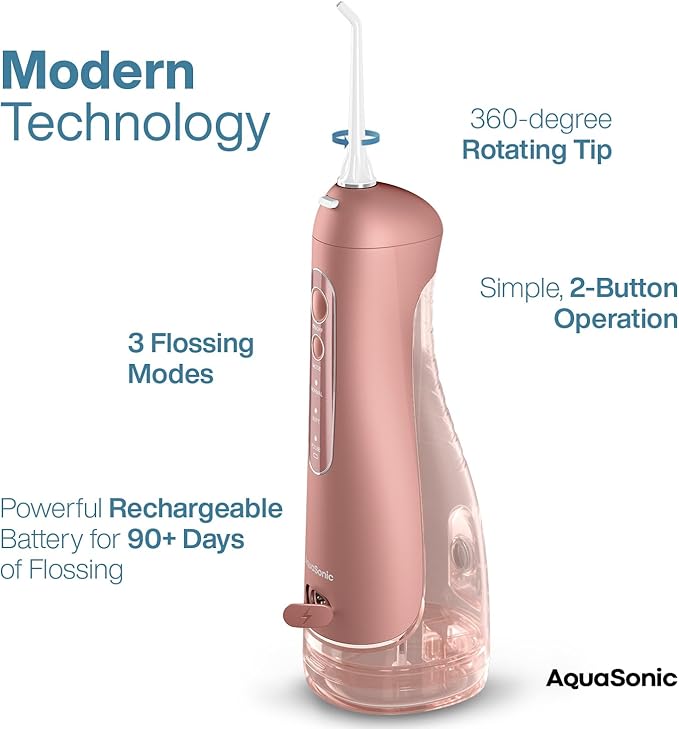 AquaSonic Aqua Flosser PRO - Rechargeable Electric Cordless Water Flosser for Teeth, Gums & Tongue - Waterproof Modern Design, 300ml Large Tank, 3 Modes, 6 Jet Tips, Deluxe Tongue Nozzle - Rose Gold